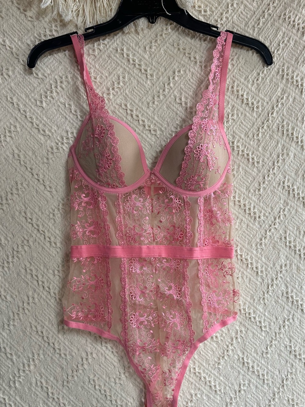 Frederick's of Hollywood Pink Lace Sheer Bodysuit with Nude Lining